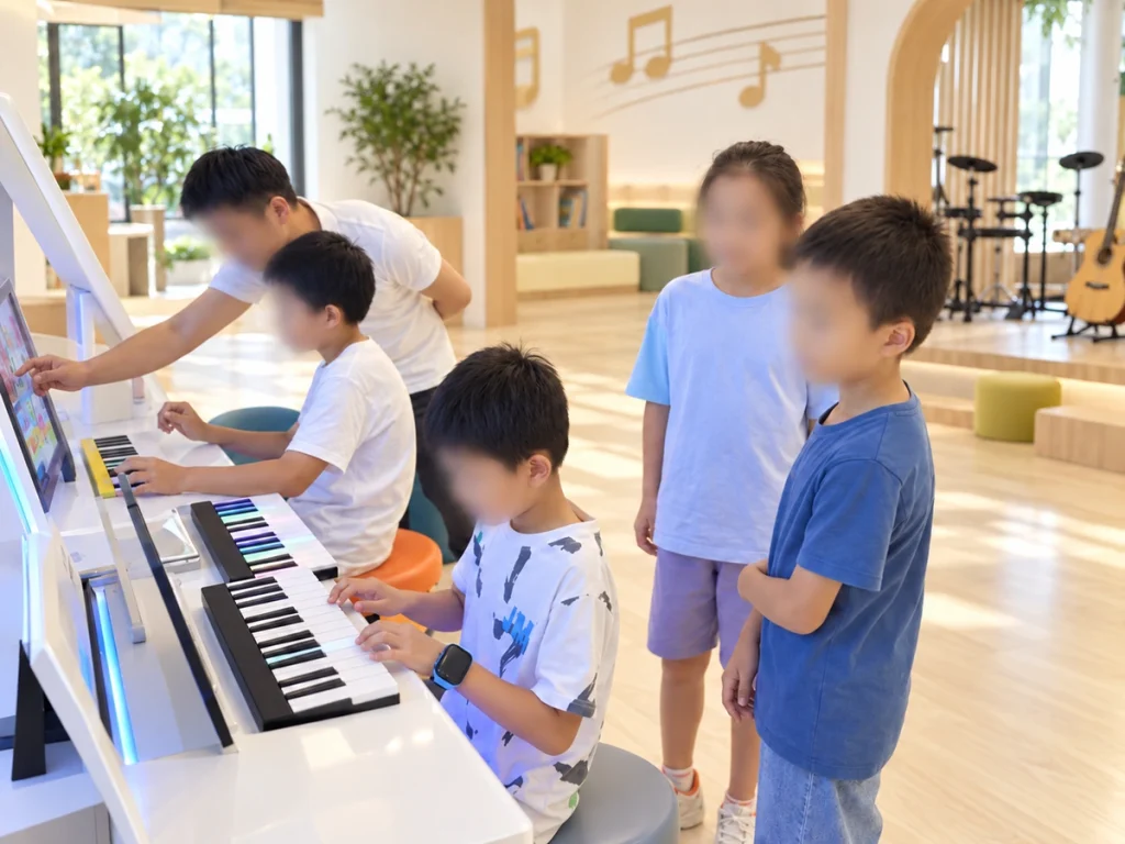 Family interacting with unbranded piano learning machines in a bright music play room.