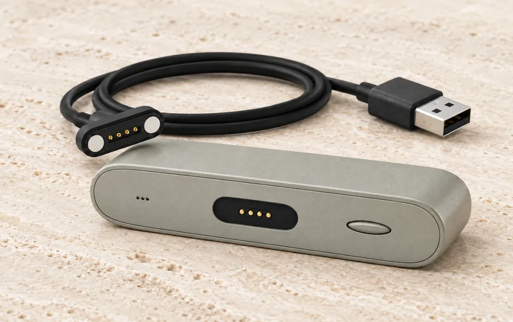 Four-contact magnetic charging cable and four-pad rounded portable device.