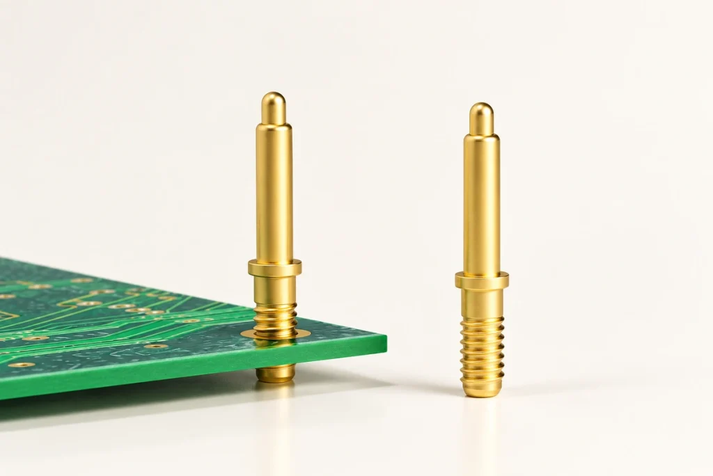 Two gold threaded spring contacts with one installed through a green circuit board.