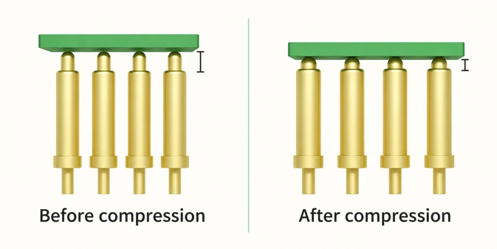 Four gold spring pins before and after compression beneath a green board.