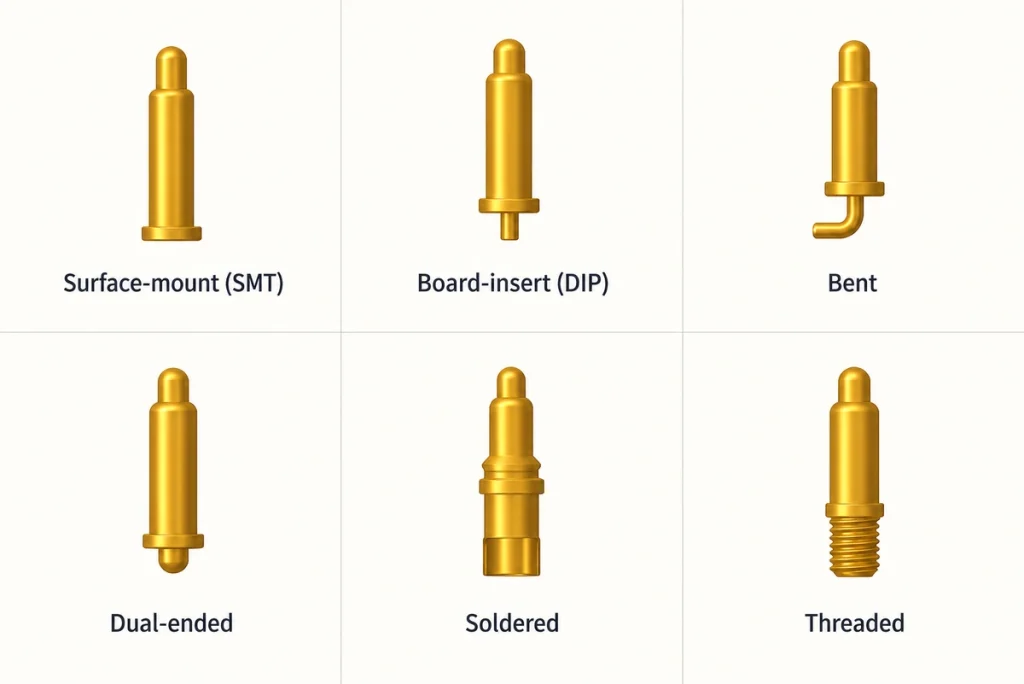 Six gold pogo pin termination types: surface-mount, board-insert, bent, dual-ended, soldered and threaded.