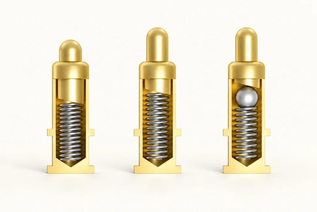 Three gold spring-contact cutaway structures, including a ball-supported internal spring design.
