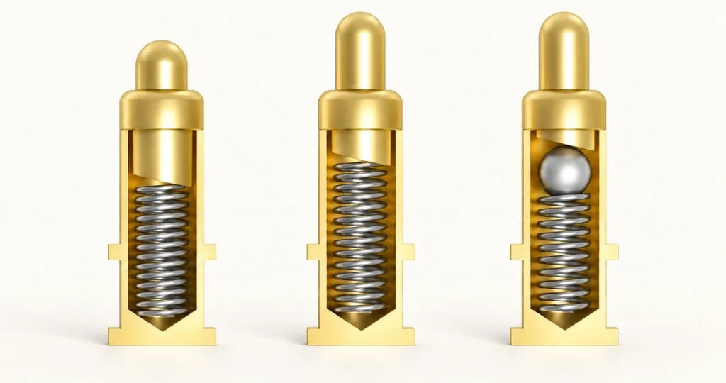 Three gold spring-contact cutaway structures, including a ball-supported internal spring design.