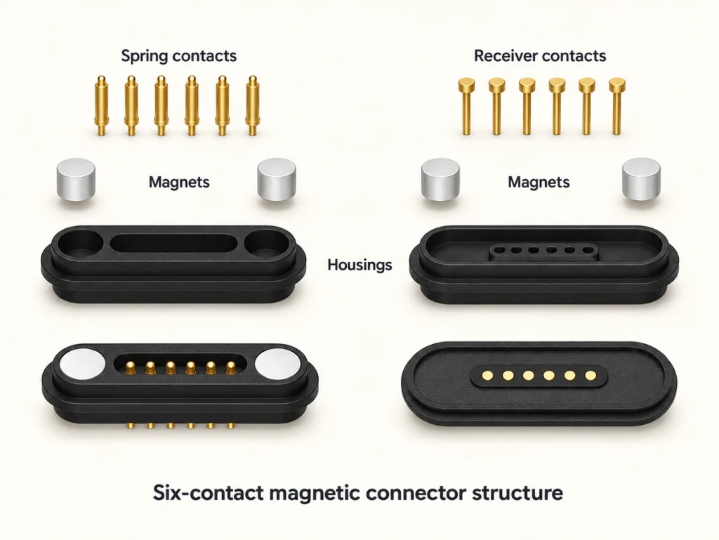 Exploded structure of a six-contact magnetic connector pair with spring pins, receiver contacts, magnets and housings.