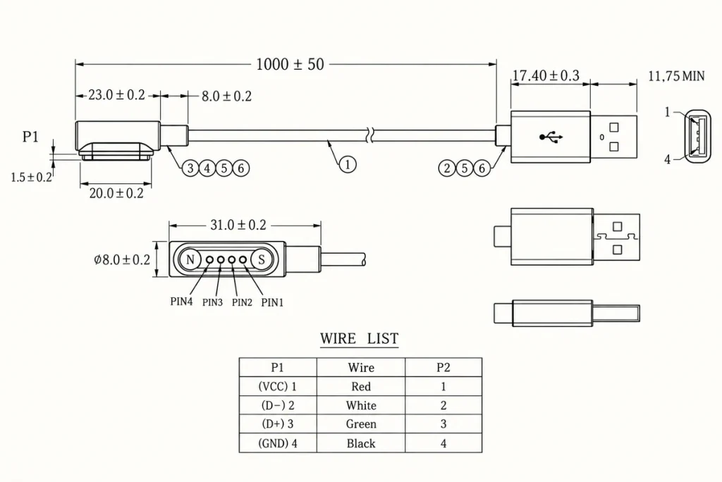 Four-contact magnetic USB cable dimensional drawing and original red, white, green and black wire assignments.