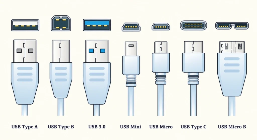 Seven USB cable plug and socket profile illustrations in their original comparison order.