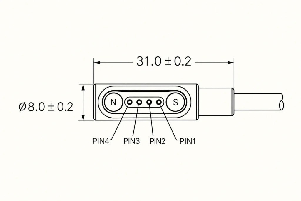 Four-contact magnetic cable head drawing with original dimensions, N/S magnets and PIN4 to PIN1 reference labels.