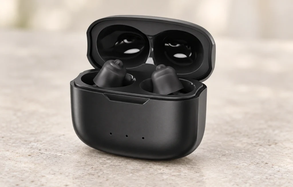 Open black charging case with the original two wireless earbuds and three front indicators.