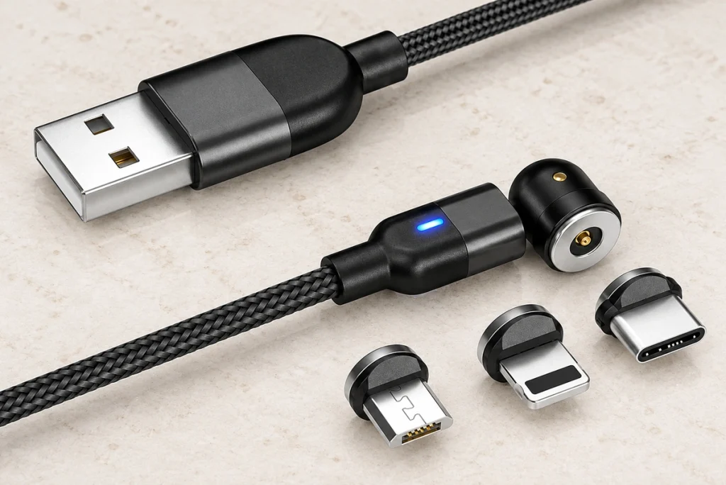 Braided magnetic USB phone cable with its original round charging head and three interchangeable tips.