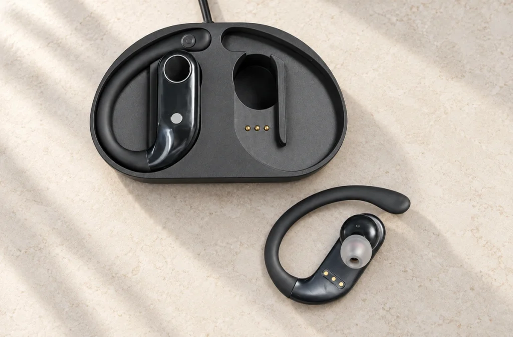 Original earhook headset charging dock with three contacts and separate three-pad earhook headset.