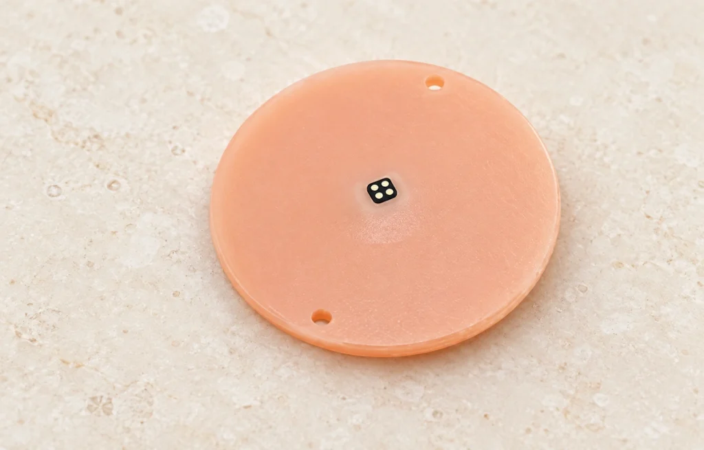 Peach hearing-aid face disc with four central contacts arranged in a two-by-two square.