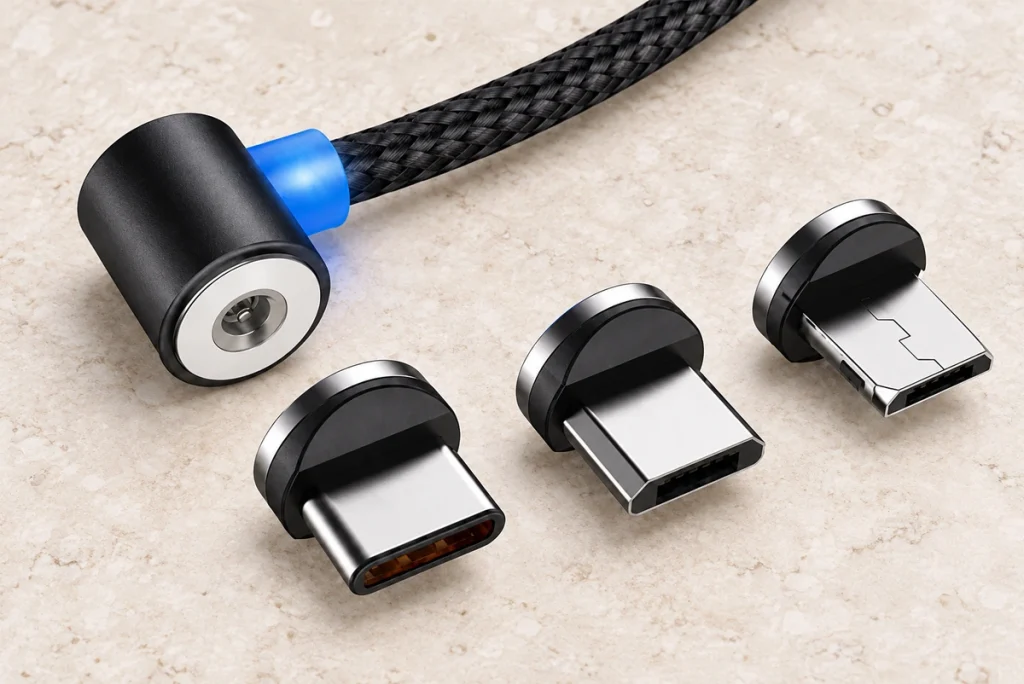 Original round magnetic phone cable head and three interchangeable adapter profiles.