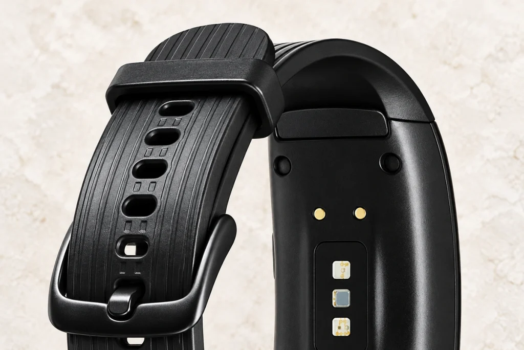 Original black wristband rear showing two gold charging contacts and three sensor windows.