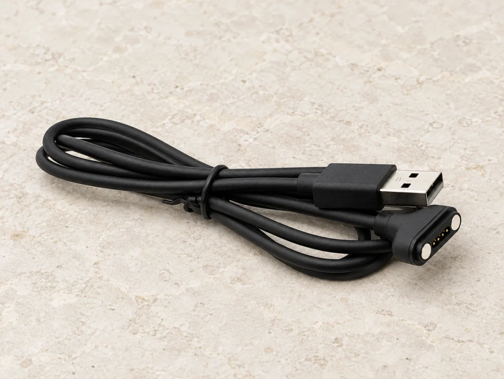 Original folded USB-A magnetic cable with four gold contacts between two same-face round magnets.