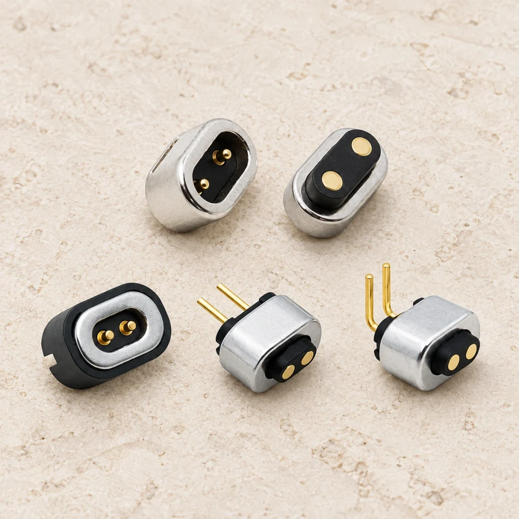 Five original two-contact connector profiles including straight and right-angle tail versions.
