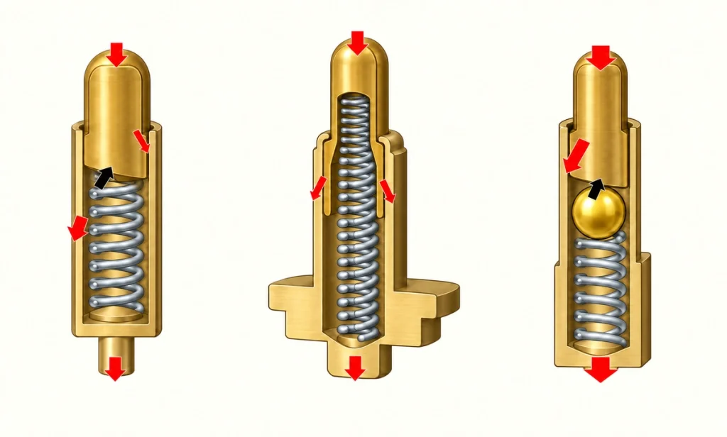 Three original spring-contact internal structures with preserved springs, current arrows and one ball.