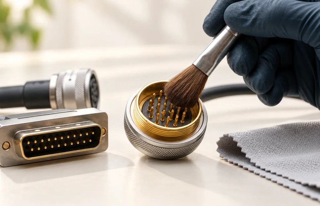 Connector cleaning with the original pin arrangements, brush and microfiber cloth.