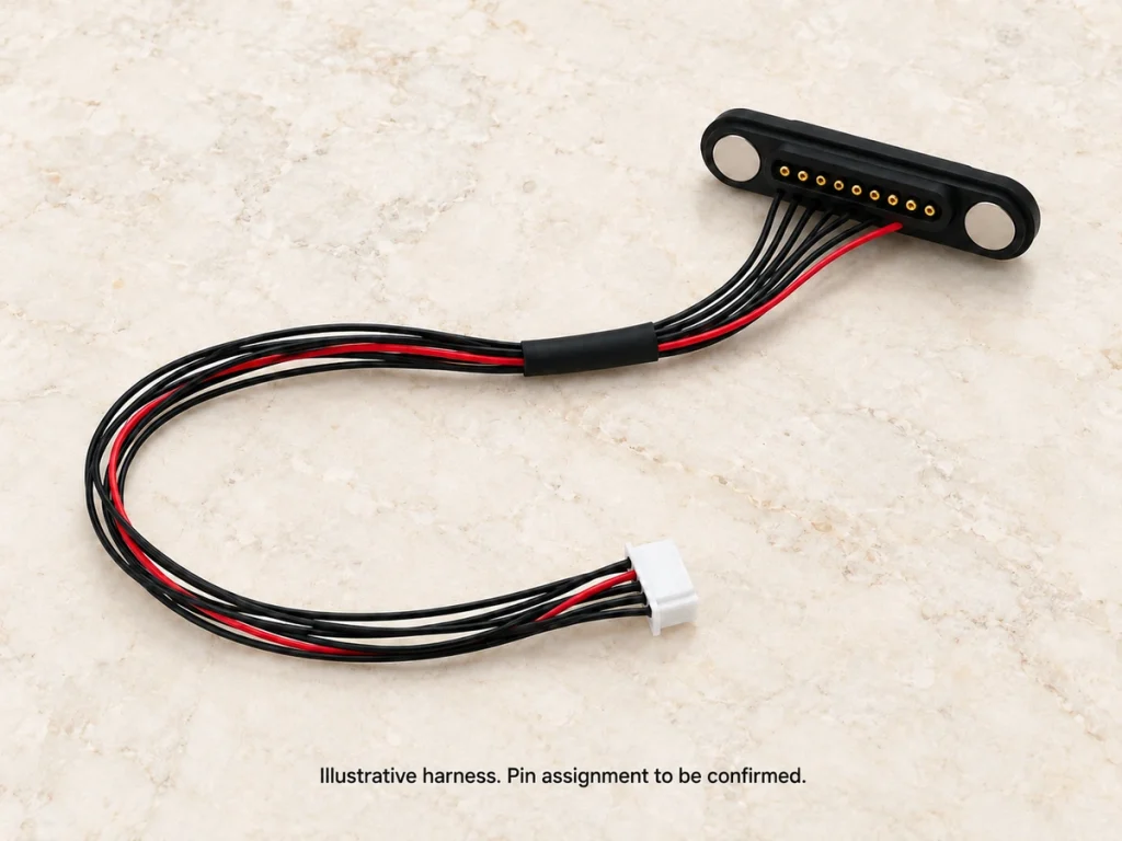 Original illustrated magnetic wire harness; pin assignment must be confirmed for the selected part.