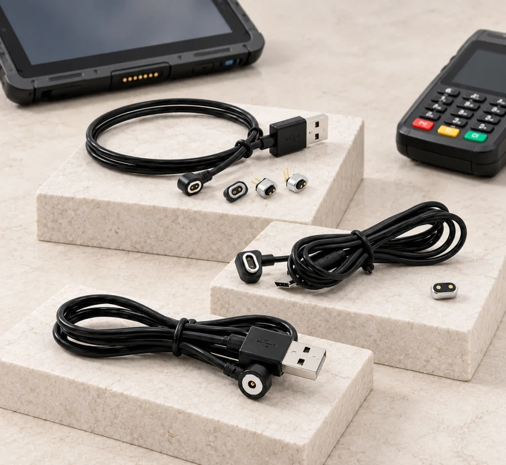 Three original magnetic cable sets beside a rugged tablet and payment terminal.