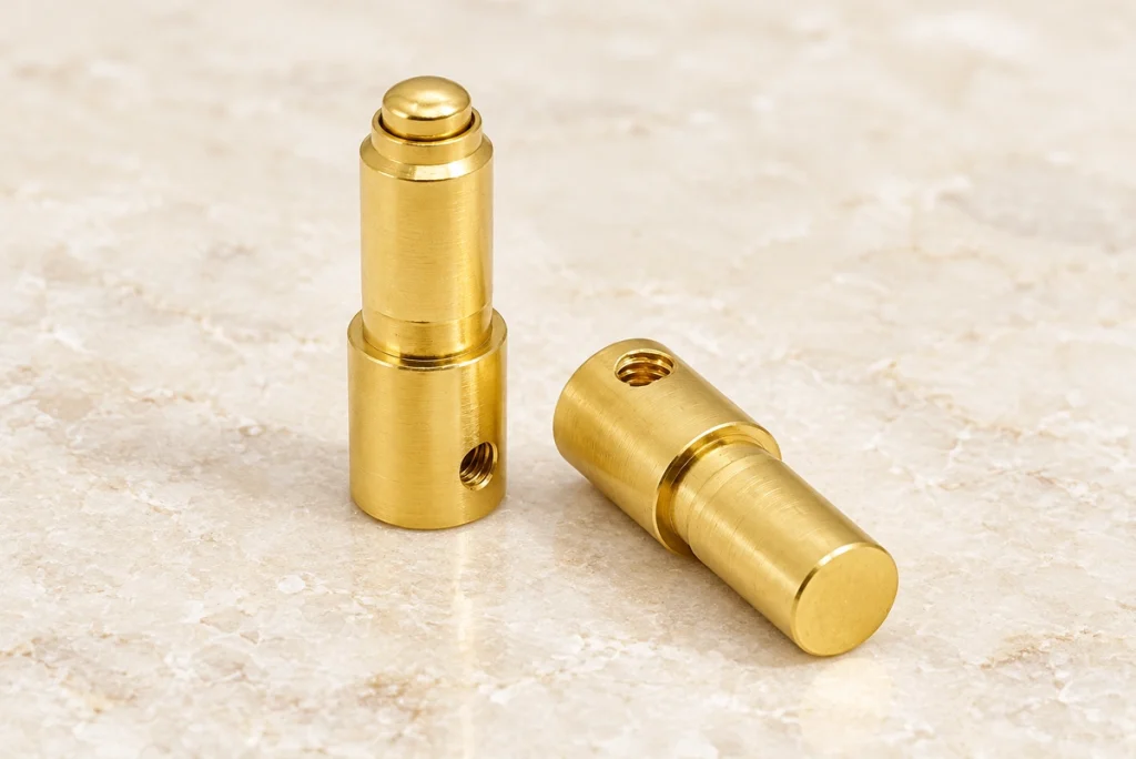 Two gold cylindrical spring-contact parts with original collars and threaded holes.