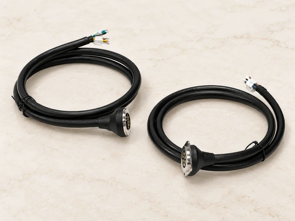 Two original coiled magnetic cable assemblies with circular flanges and original terminations.