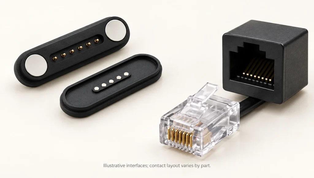Illustrative magnetic and modular interfaces; contact layout varies by part.