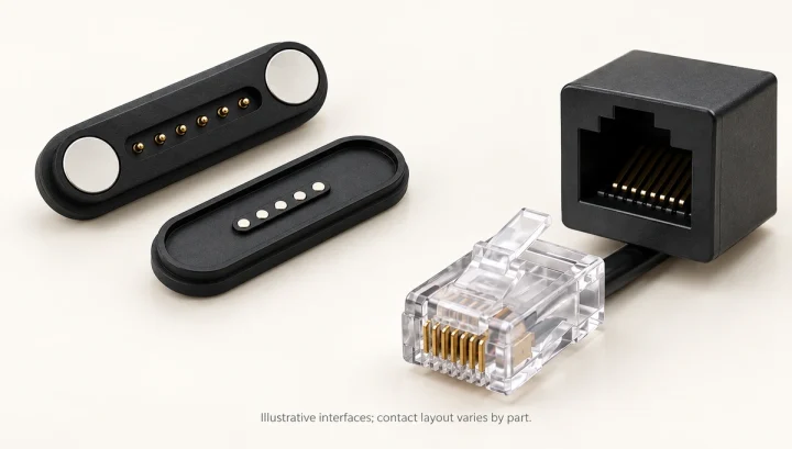 6-Pin Magnetic Contacts or RJ12? Comparing Device Integration