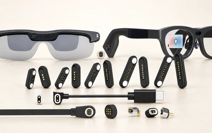 Original AR glasses and magnetic interface assortment with their individual contact layouts.