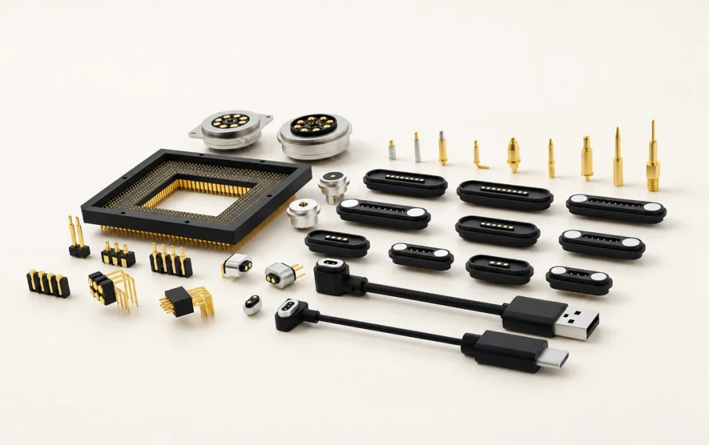 Original magnetic connector and spring-contact collection with individual contact layouts.