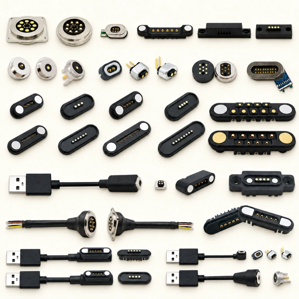 Magnetic connector and cable assortment on a light studio background.