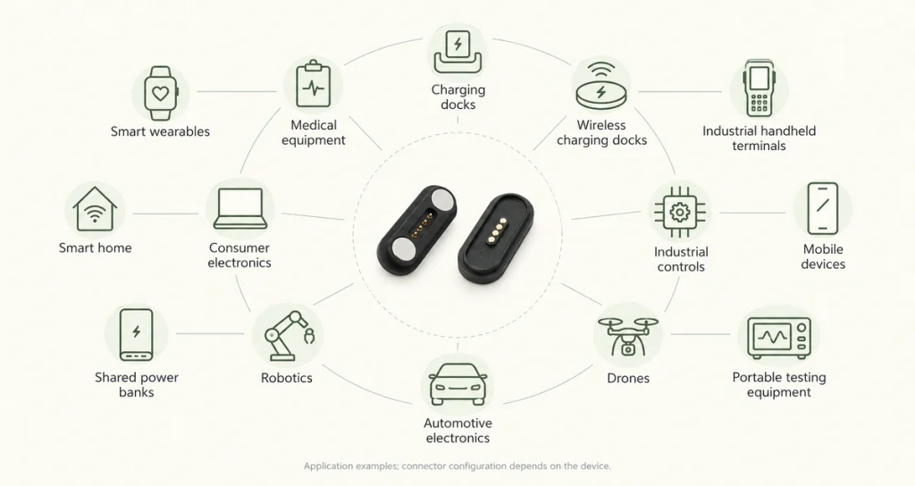 Four-contact magnetic connector pair and fourteen illustrative application categories.