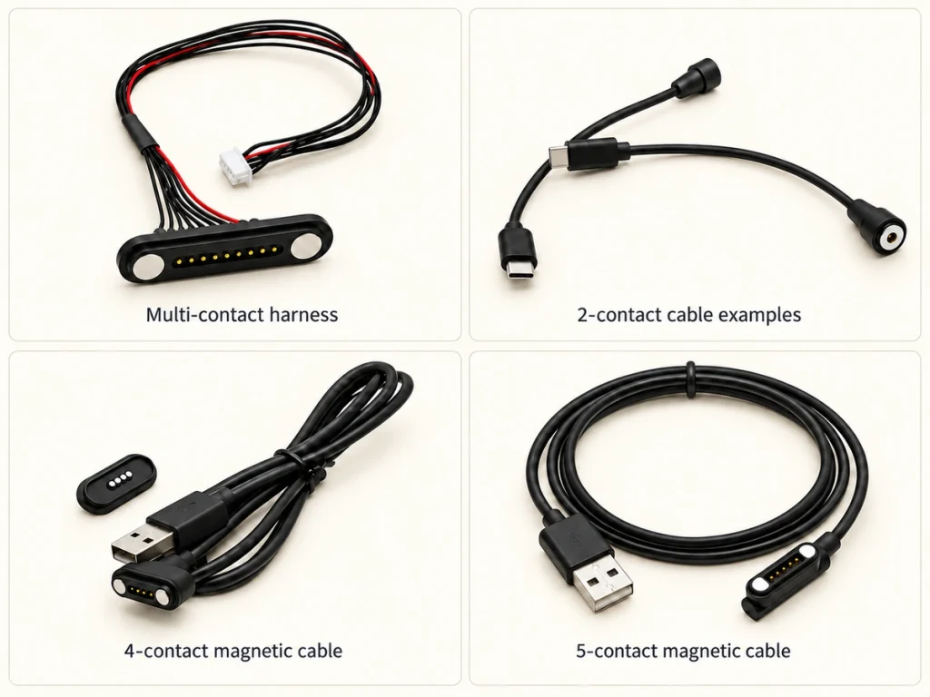 Original multi-contact harness, circular cable examples and four-contact and five-contact cable sets.