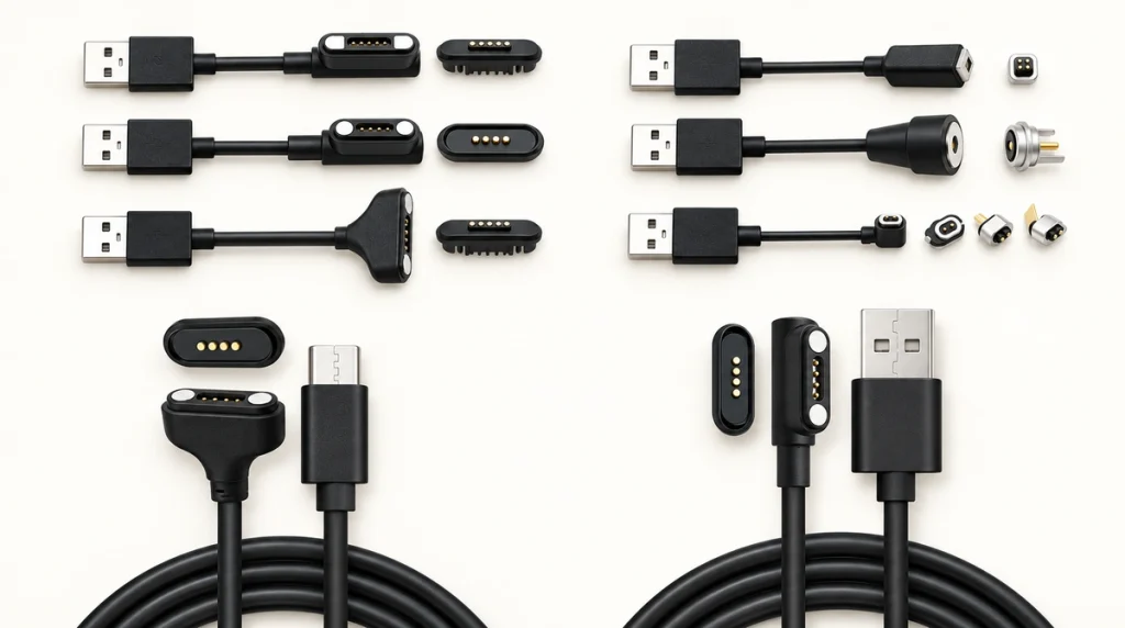 Original magnetic cable and receiver assortment with original contact layouts.