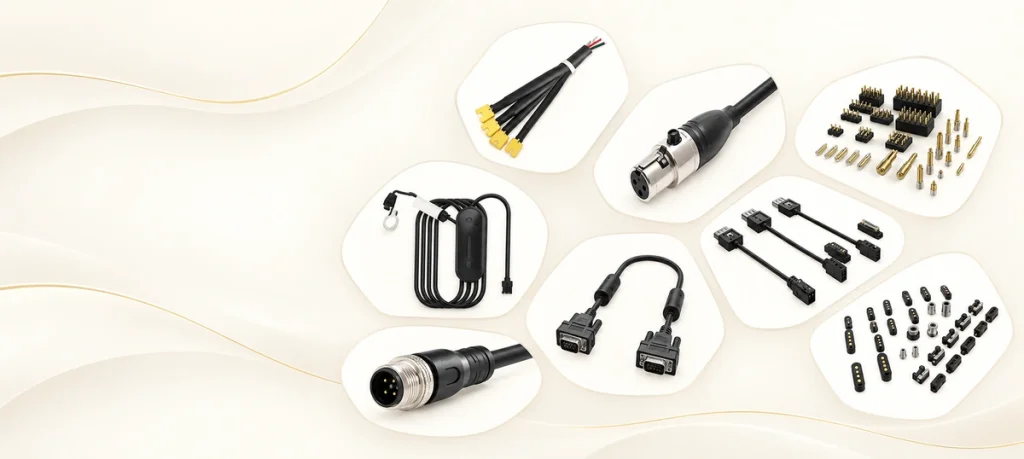 Connector and cable families photographed in a light neutral catalog composition.