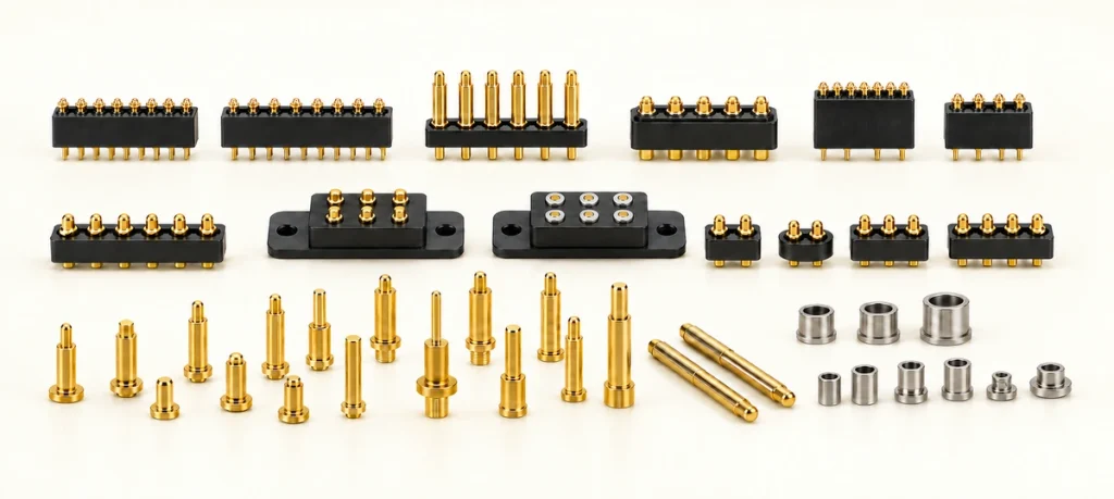 Gold spring contacts and original six-contact flanged assemblies.