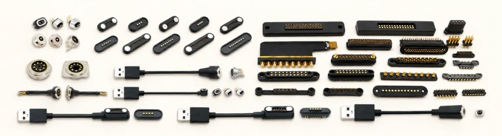 Magnetic connector pairs, cable assemblies and spring-contact formats.