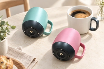 Circular connection interfaces on the underside of mugs.