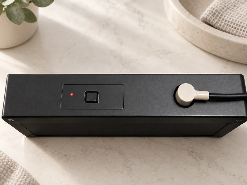 Magnetic charging cable attached to a black device housing.