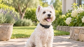 Dog wearing a collar tracker; application concept.