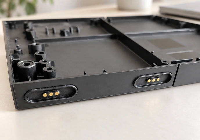 Three-contact interfaces on an open black enclosure.