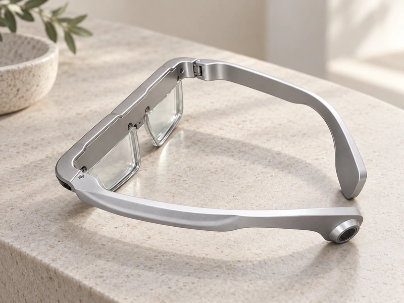 Silver smart glasses on a neutral surface.