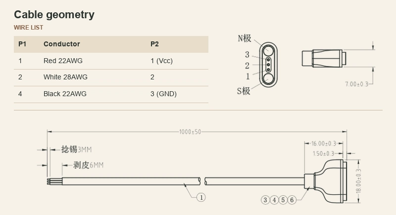 Magnetic cable dimension views and original three-row wire list.