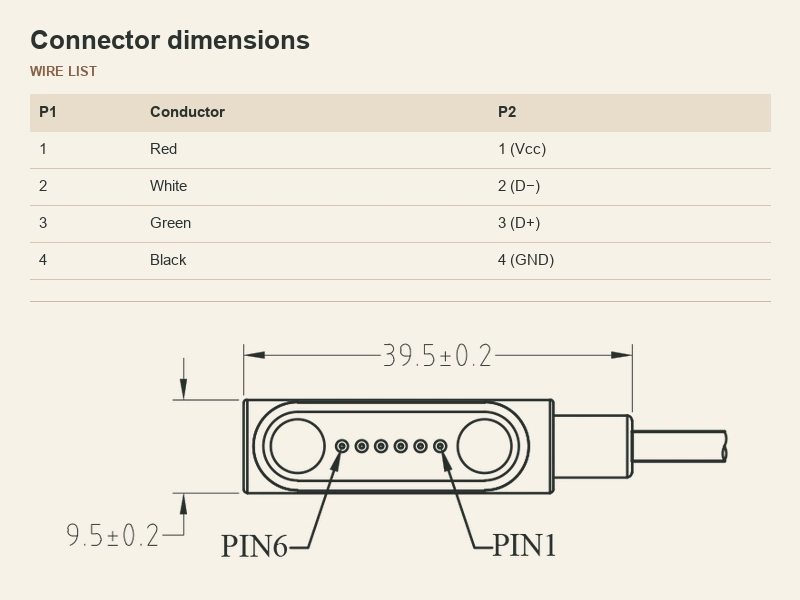 Six-contact connector drawing with original dimensions and four-row conductor list.
