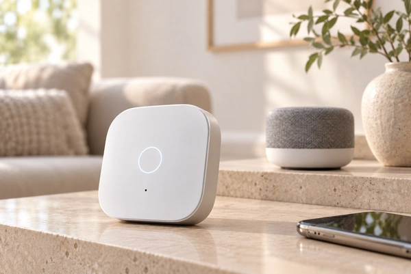 White smart home hub, speaker and phone in a living room application concept.