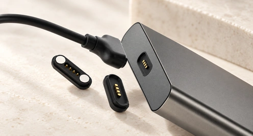 Four-contact magnetic connector parts and a device housing.
