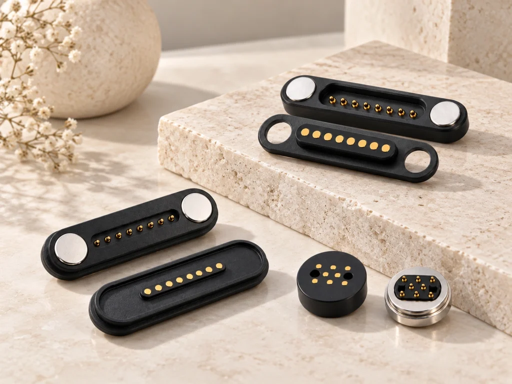 Eight-contact magnetic connector pairs and circular connector components.