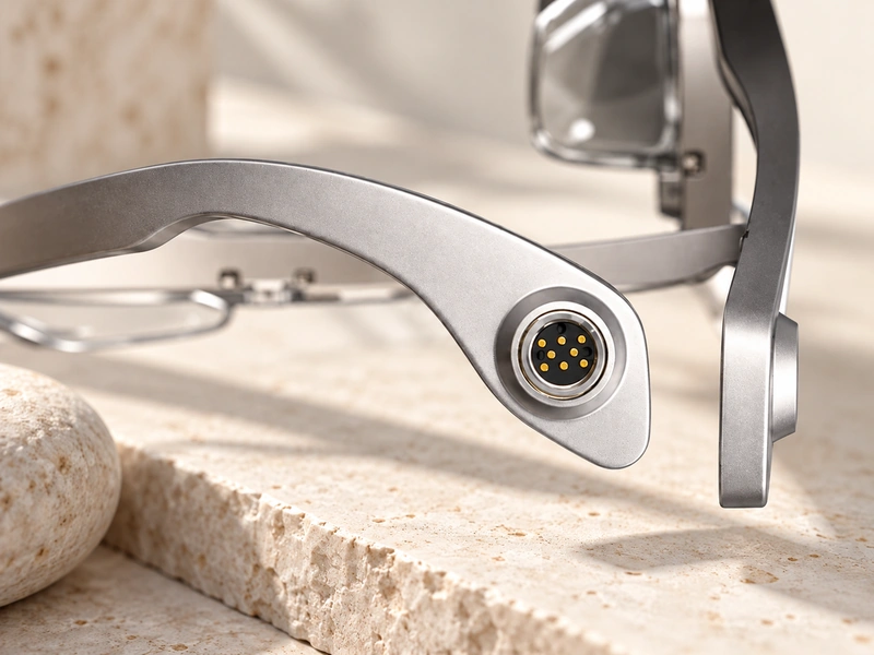 Circular eight-contact interface on silver smart glasses.