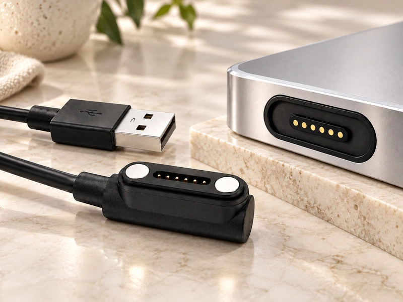 Six-contact magnetic charging cable with USB-A termination and a device port.