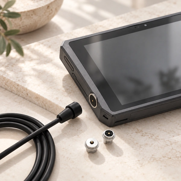 Circular charging interfaces and cable beside a tablet-like device.