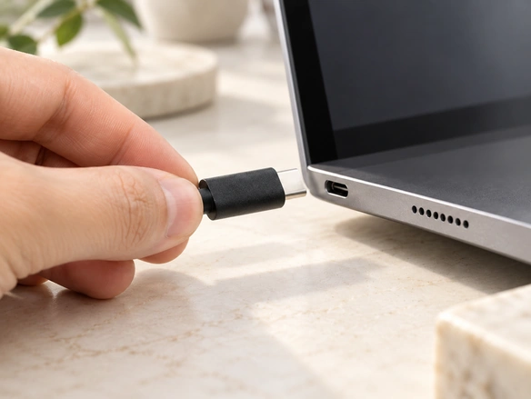 USB-C cable beside a laptop connection port.